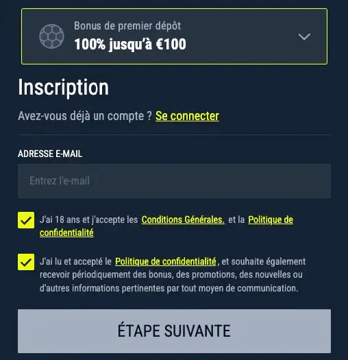 Formulaire d'inscription à Rabona Casino avec sélection du bonus de bienvenue, champ d'adresse e-mail et cases d'acceptation des conditions