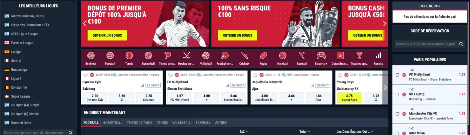 Interface des paris sportifs de Rabona Casino avec les principales ligues de football, les cotes en direct et les offres de bonus