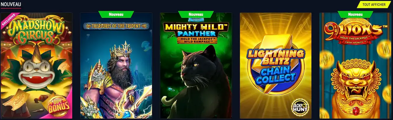 Nouveautés de Rabona Casino avec les machines à sous Madshow Circus, Treasures of the Trident, Mighty Wild Panther, Lightning Blitz Chain Collect et 9 Lions